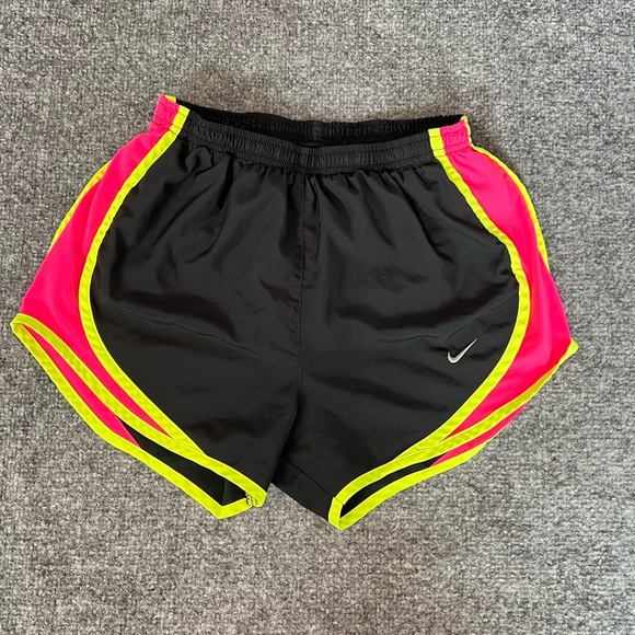 Nike Dri Fit Lined Running Shorts Women's Size XS Black Neon Yellow Pink - Picture 2 of 10